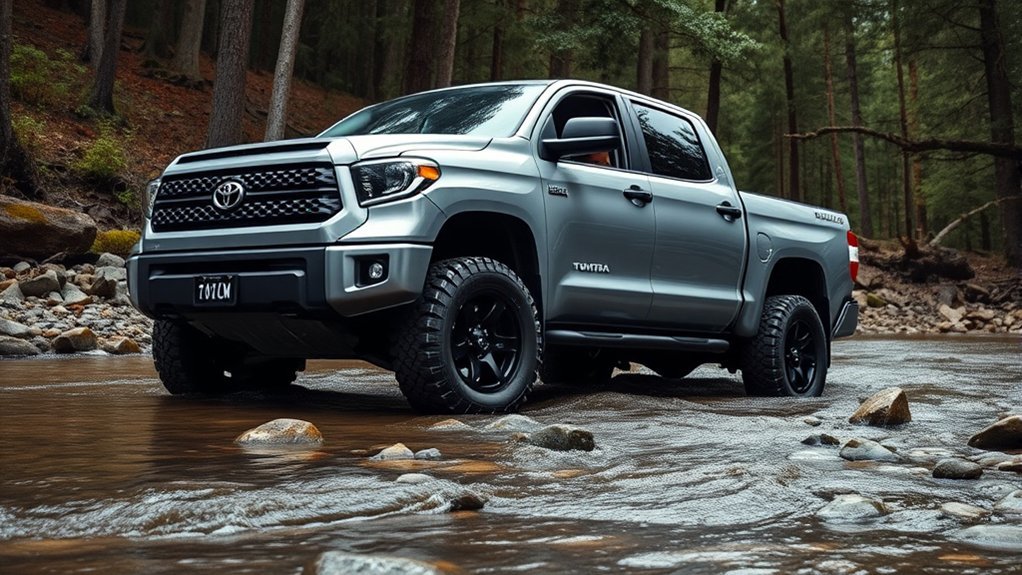 Toyota Tundra moving slowly through a shallow water crossing