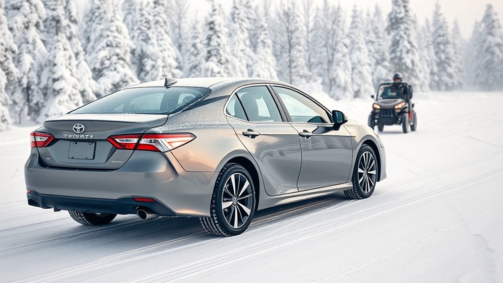Toyota Camry maintaining a safe following distance during winter driving