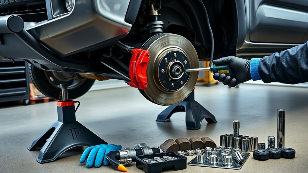Tools and safety equipment for a 2016 to 2023 Toyota Tacoma front brake replacement