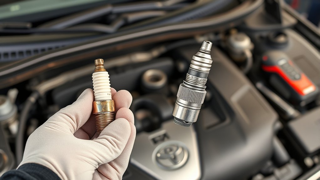 Technician diagnosing Toyota Camry spark plug and misfire problems
