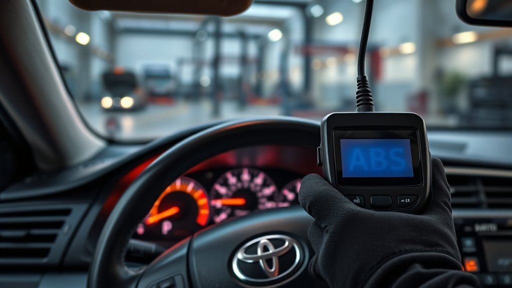 Mechanic diagnosing a Toyota Camry ABS warning light with professional equipment