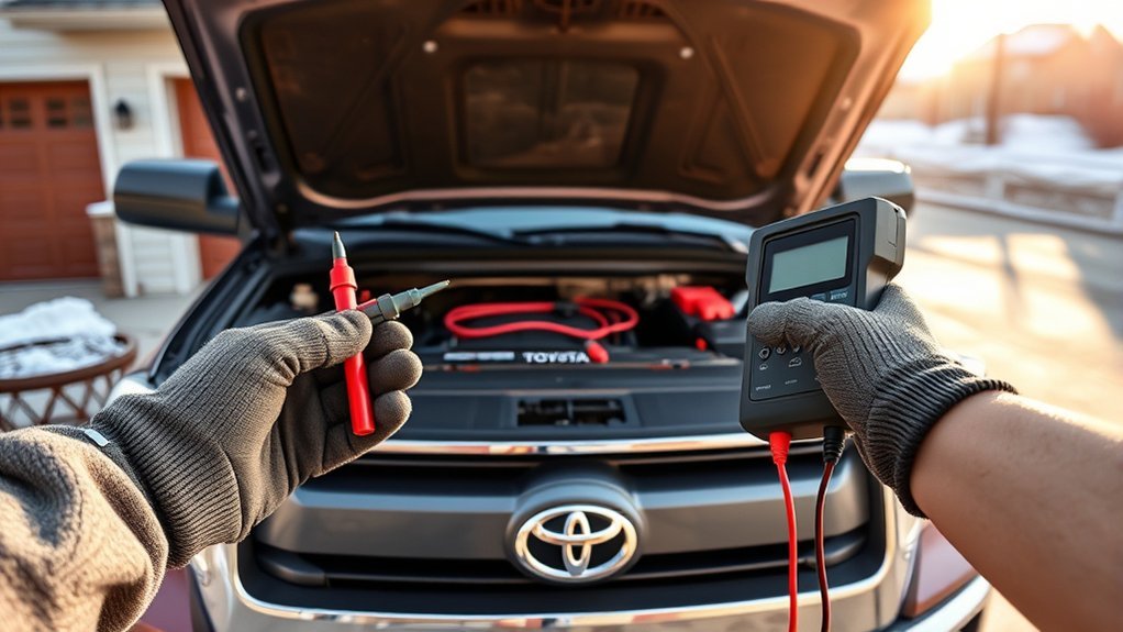 Toyota technician testing a Tundra 12-volt battery and charging system