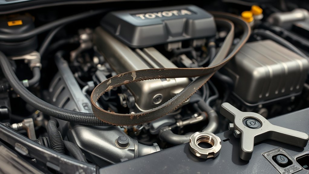 Toyota Camry serpentine belt showing cracked, frayed, glazed, contaminated, and worn ribs