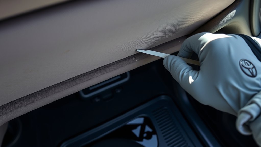 Signs of a leaking Toyota Camry sunroof, including damp headliner and water stains