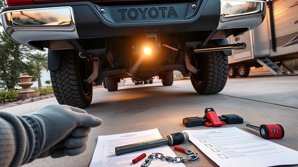 Inspecting Toyota Tundra skid plates and underbody before towing
