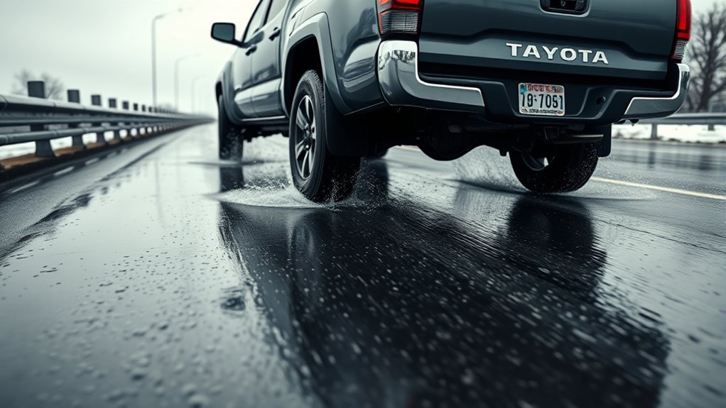 Toyota Tacoma slowing down and leaving extra distance on a slippery road