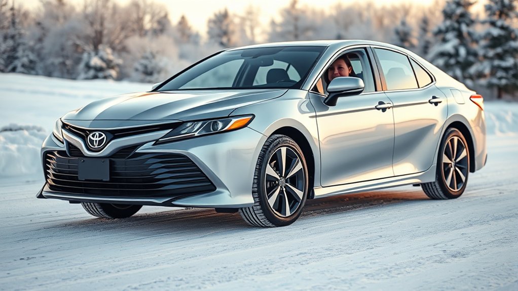 Toyota Camry using smooth steering and braking on an icy road
