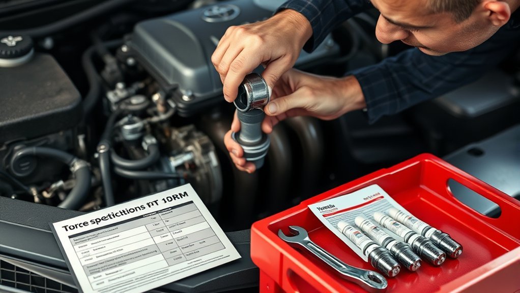 Using a torque wrench to tighten a Toyota Camry spark plug to the engine-specific specification
