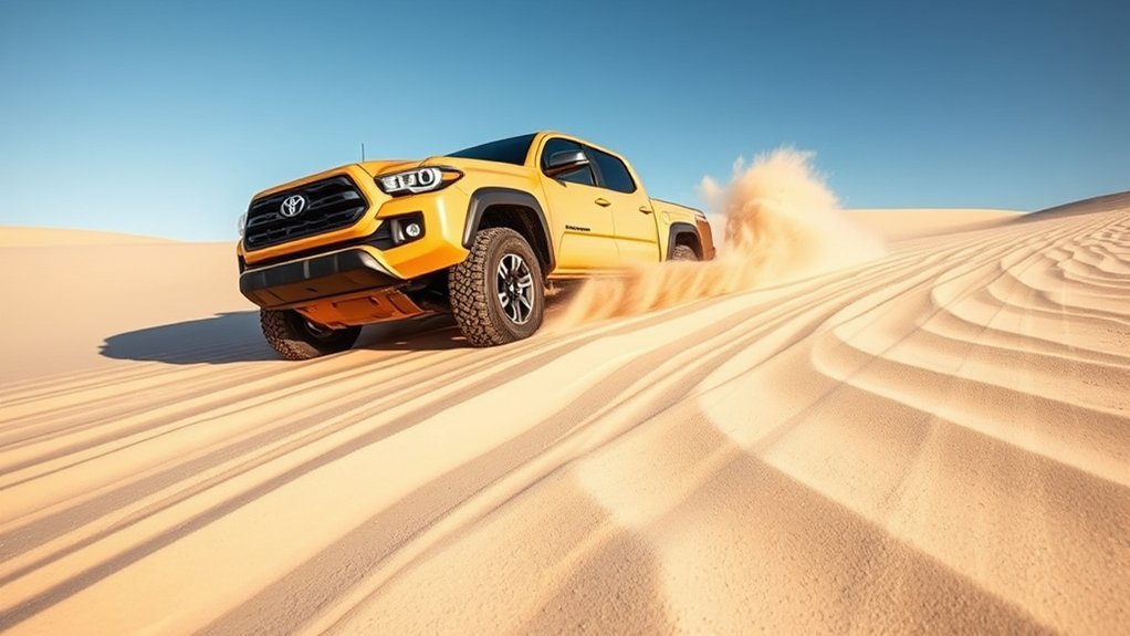 Toyota Tacoma following established tire ruts on beach sand