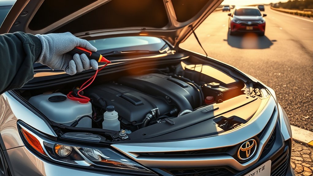 Technician safely testing Toyota Camry radiator cooling fans and electrical connections