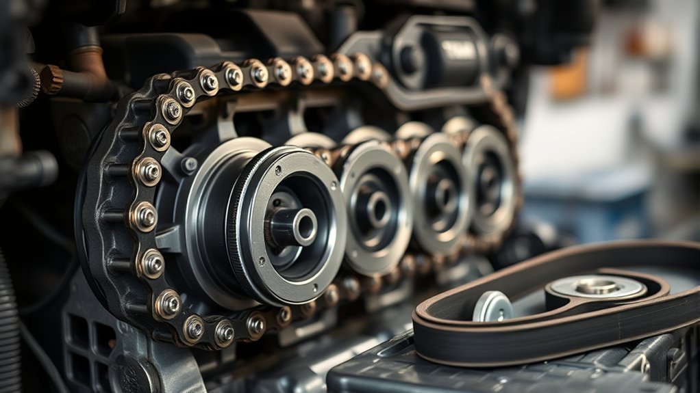 Technician inspecting Toyota Tundra timing belt components and covers