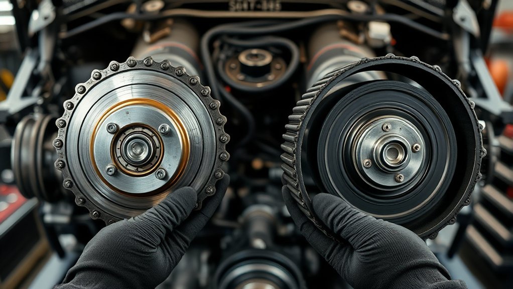 Mechanic inspecting a vehicle timing belt for scheduled replacement