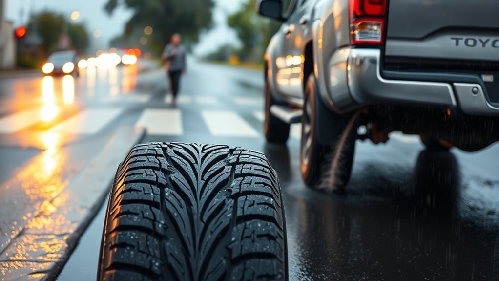 Checking Toyota Tacoma tire tread and pressure before driving in rain