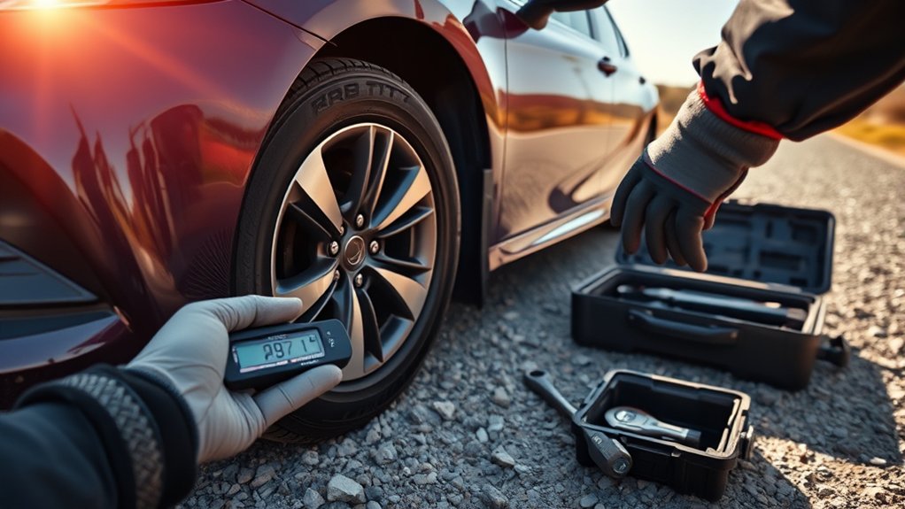Checking Toyota Camry tire pressure, tread depth, and wear under harsh driving conditions