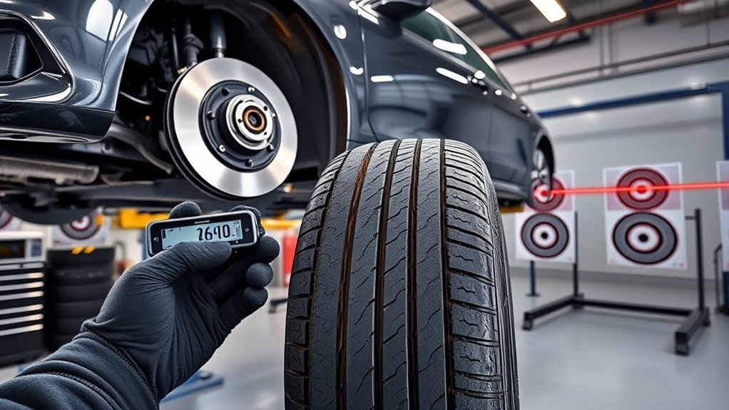 Technician rotating vehicle tires to promote more even tread wear