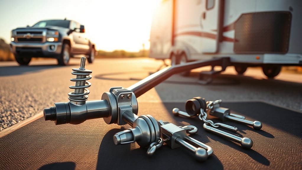 Driver inspecting trailer hitch, spring bars, safety chains, and towing connections before departure