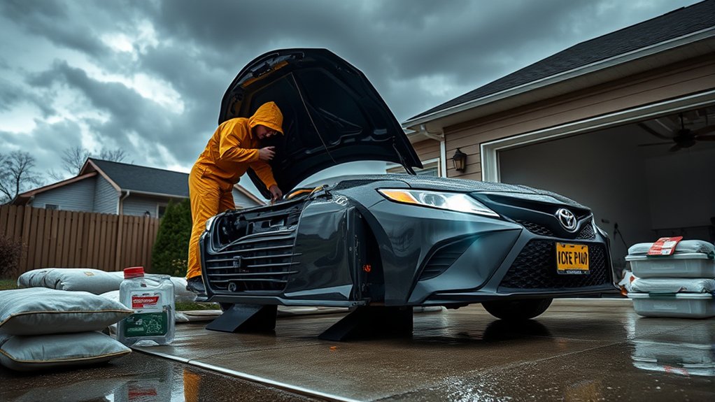 Toyota Camry parked on high ground during hurricane preparation