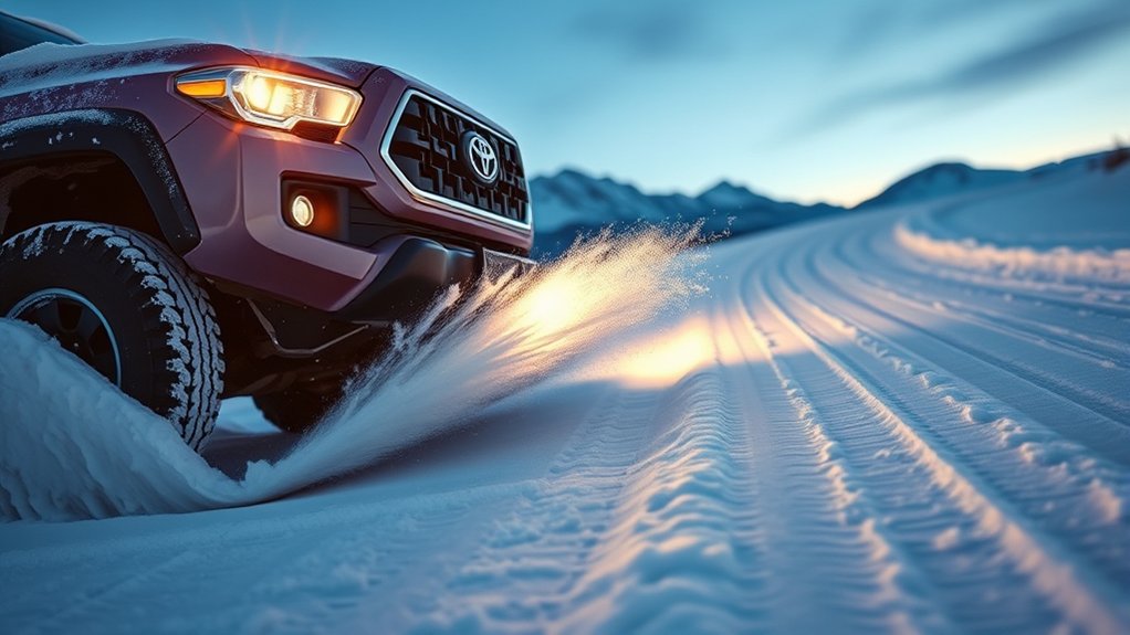 Toyota Tacoma traction control helping reduce wheelspin on a snowy road