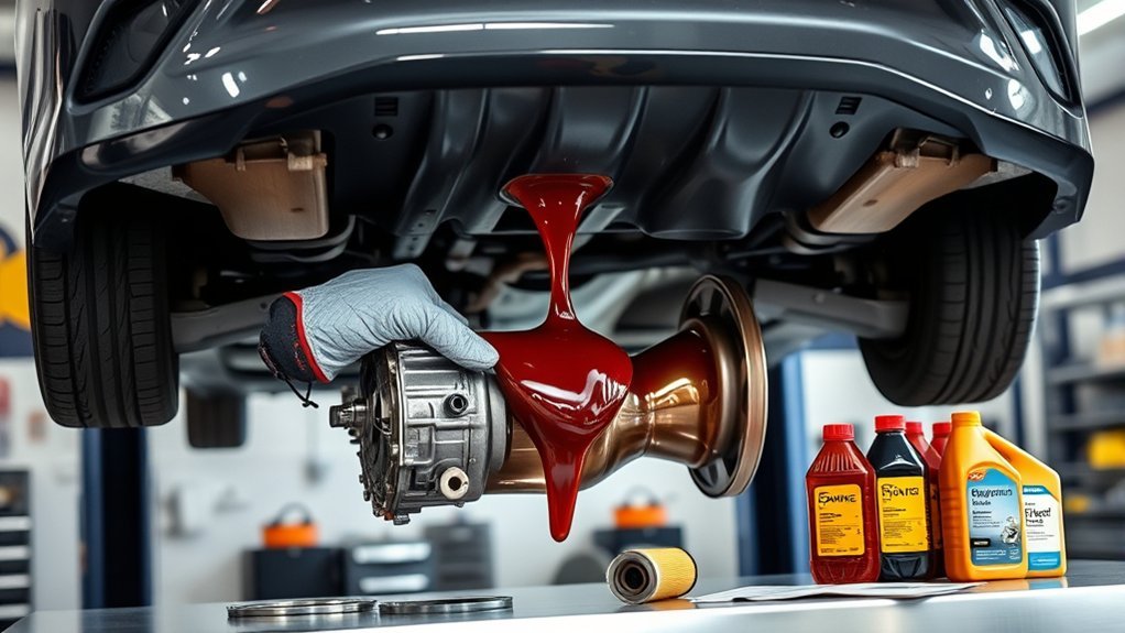 Technician inspecting Toyota Camry transmission fluid during scheduled maintenance