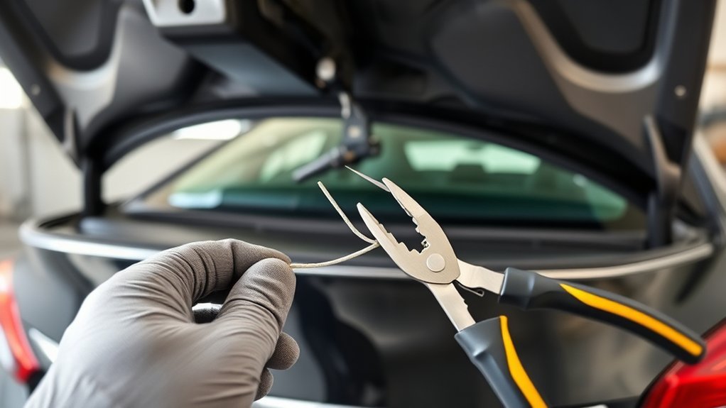 Inspection of a Toyota Camry trunk release cable for fraying, damaged clips, and incorrect routing