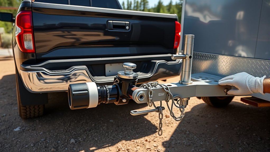Inspecting a Toyota Tundra hitch, trailer wiring, and towing equipment before departure