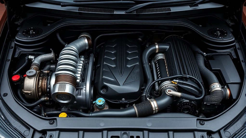 Illustration showing a turbocharger using exhaust gas to compress intake air