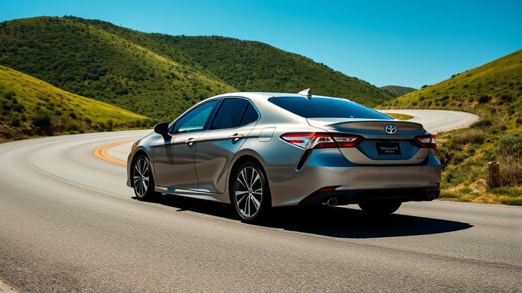 Toyota Camry maneuvering through an urban parking area