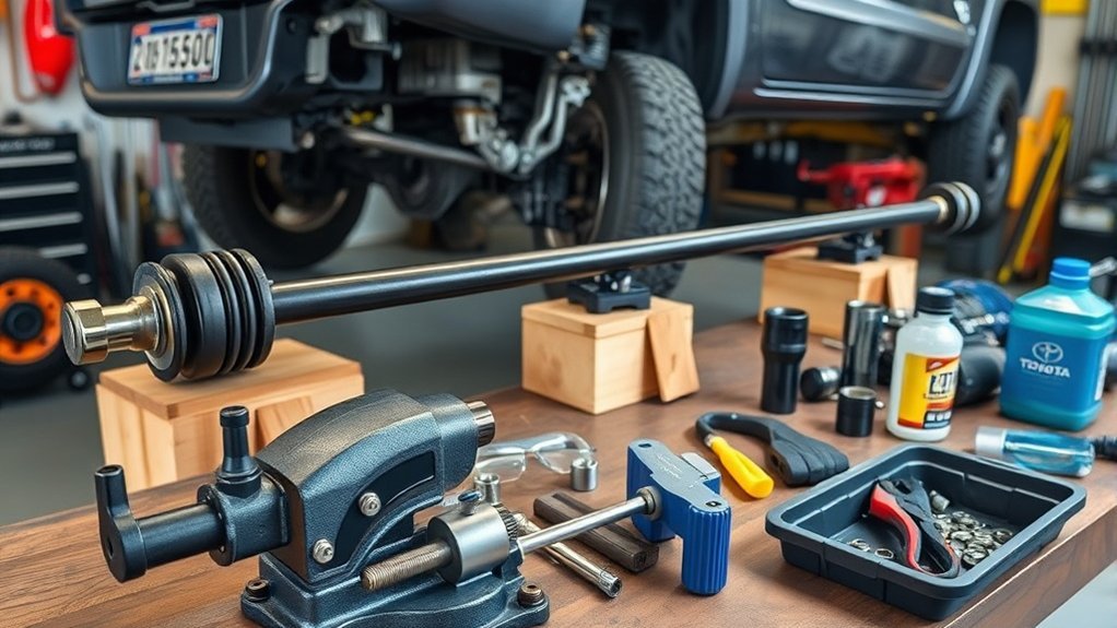 Tools used for Toyota Tacoma U-joint replacement, including a press and hand tools