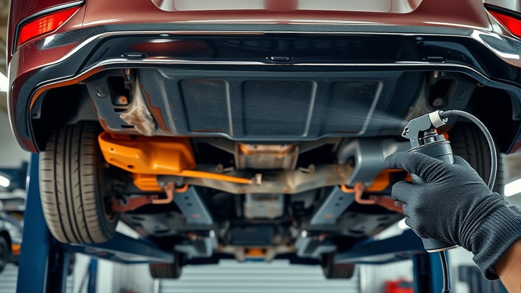 Toyota Camry underbody being inspected for rust treatment