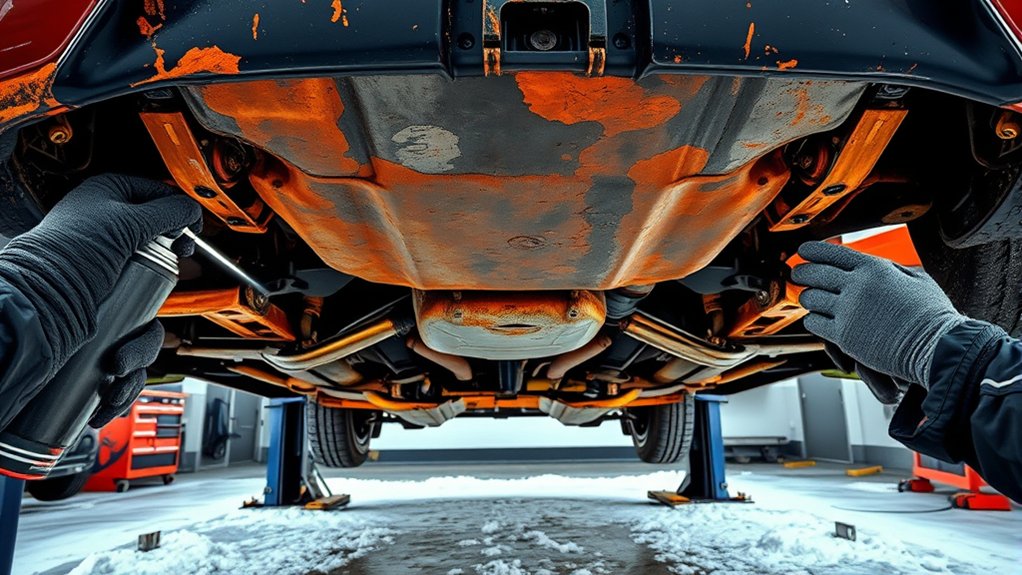 Visible rust, flaking scale, and damaged coating on a Toyota Camry undercarriage
