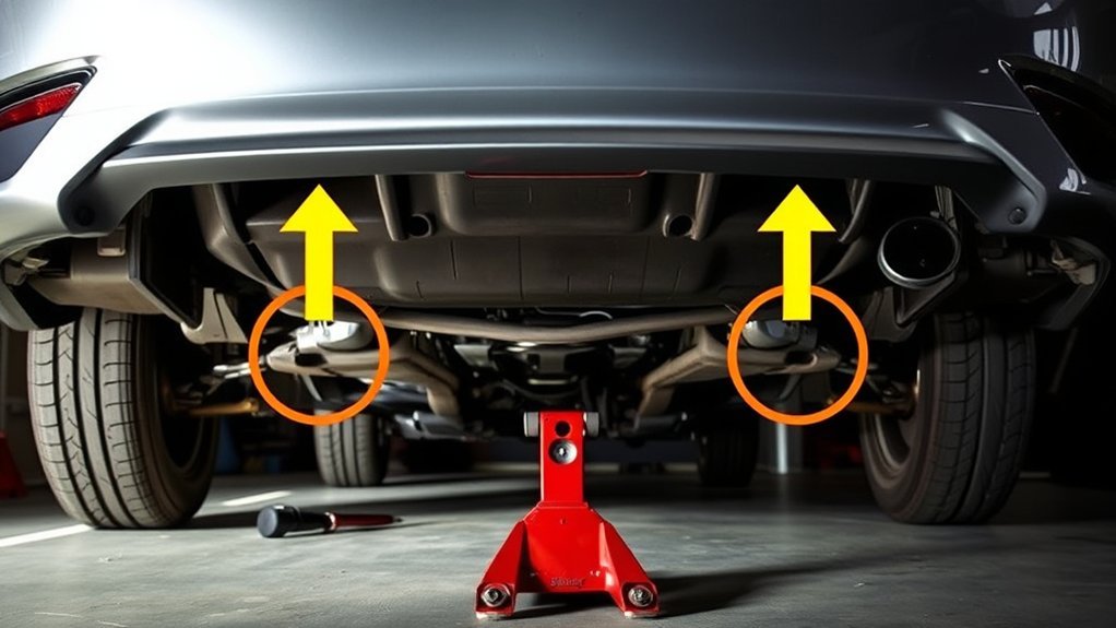 Vehicle lifting safety setup with wheel chocks, floor jack, and matched jack stands