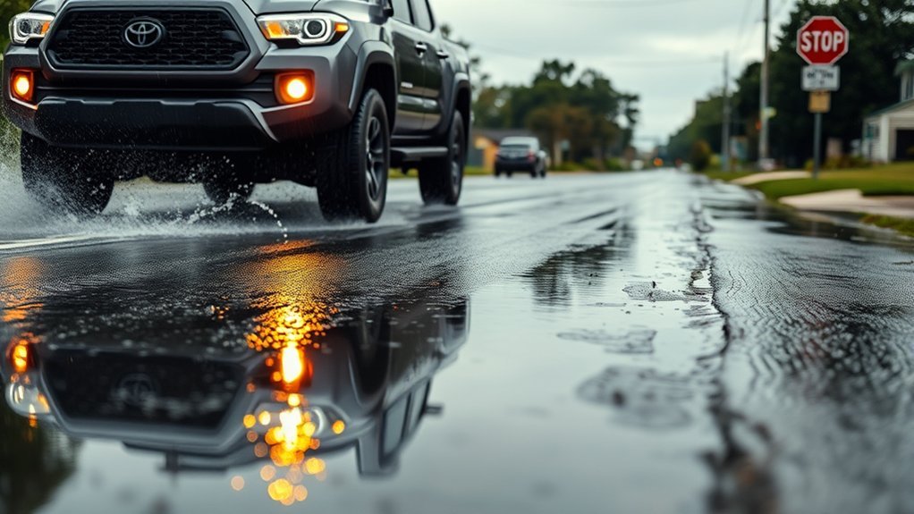 Toyota Tacoma traveling on a wet road with increased stopping distance