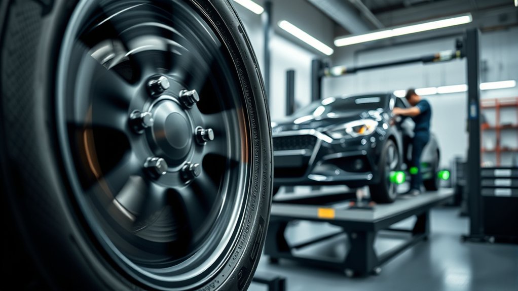 Technician comparing wheel balancing and wheel alignment on a vehicle