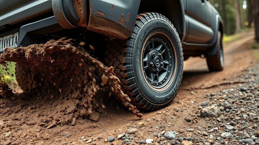 Toyota Tacoma tires spinning in loose mud and gravel during off-road driving