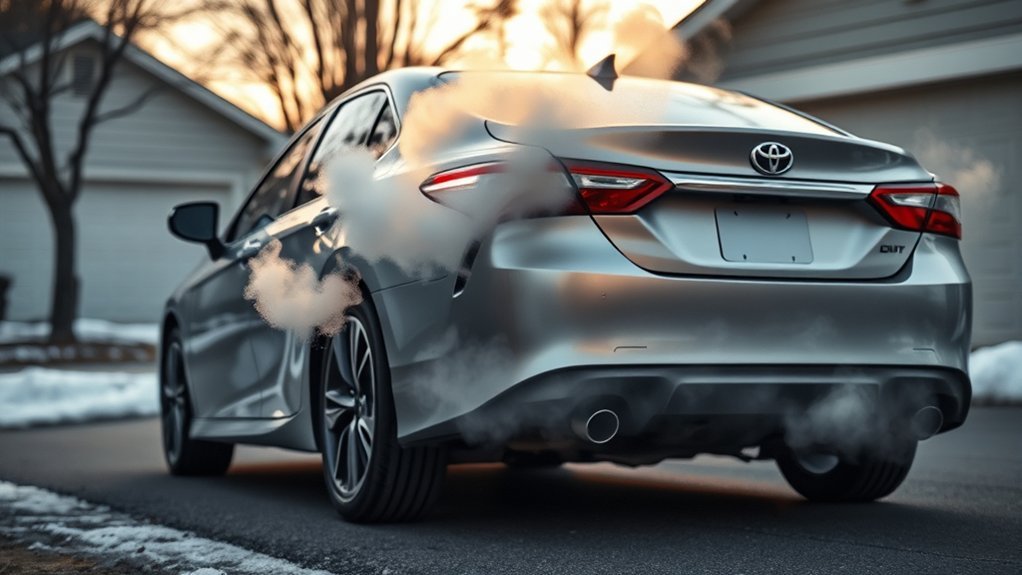 White exhaust from a Toyota Camry that may indicate condensation or an internal coolant leak