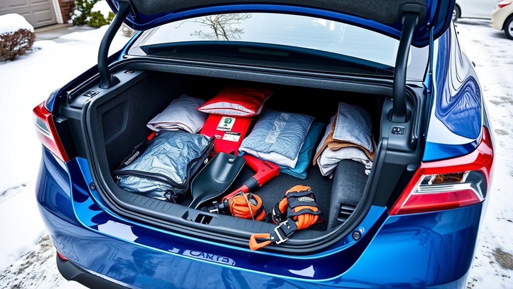 Winter emergency kit supplies arranged for a Toyota Camry