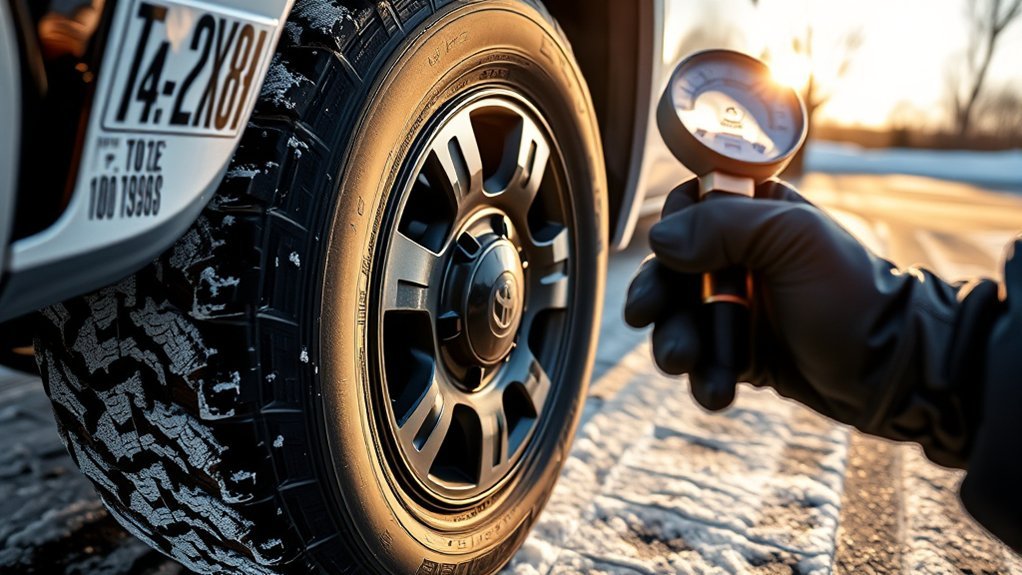 Checking Toyota Tundra tire pressure in cold winter weather