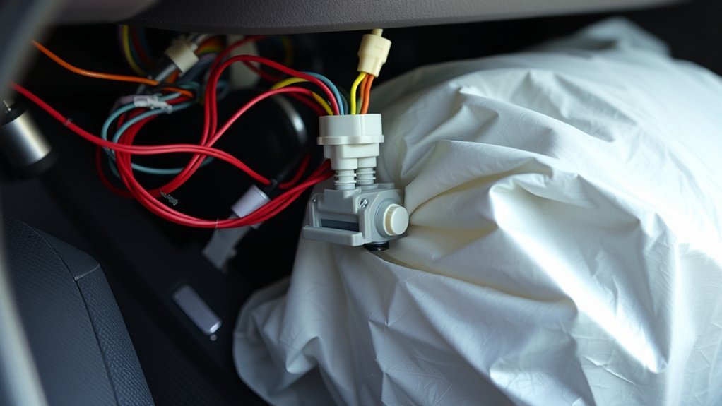 Illustration of an SRS wiring harness connecting airbag sensors and restraint modules
