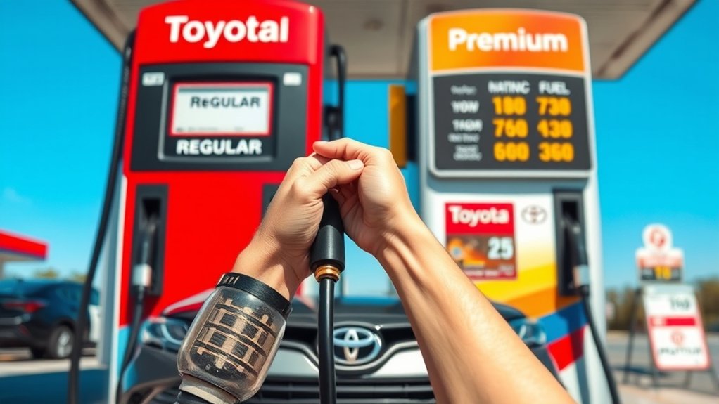 Toyota Camry at a fuel pump showing the risks of selecting an incompatible gasoline grade