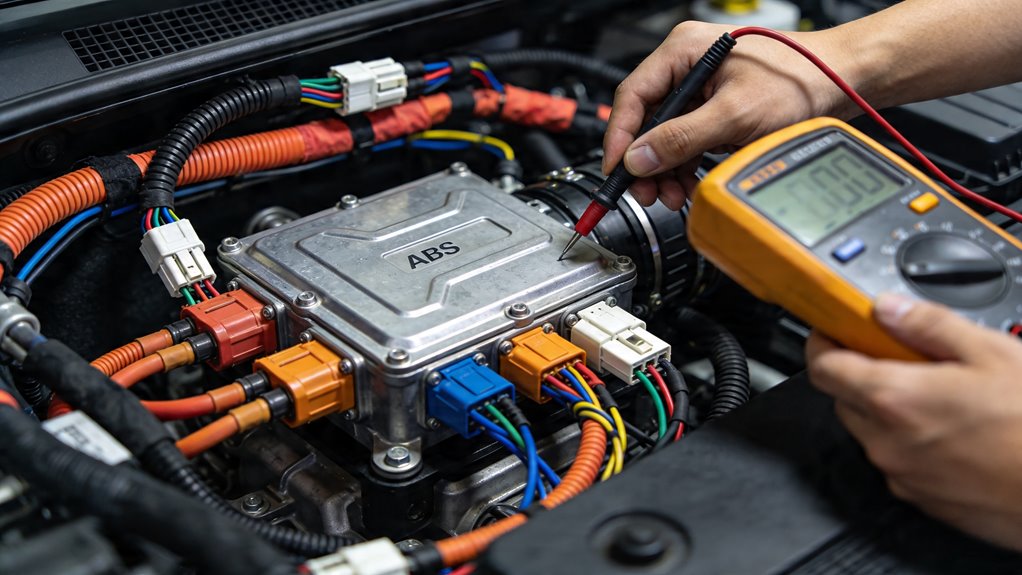 Mechanic testing a car's ABS module with a digital multimeter