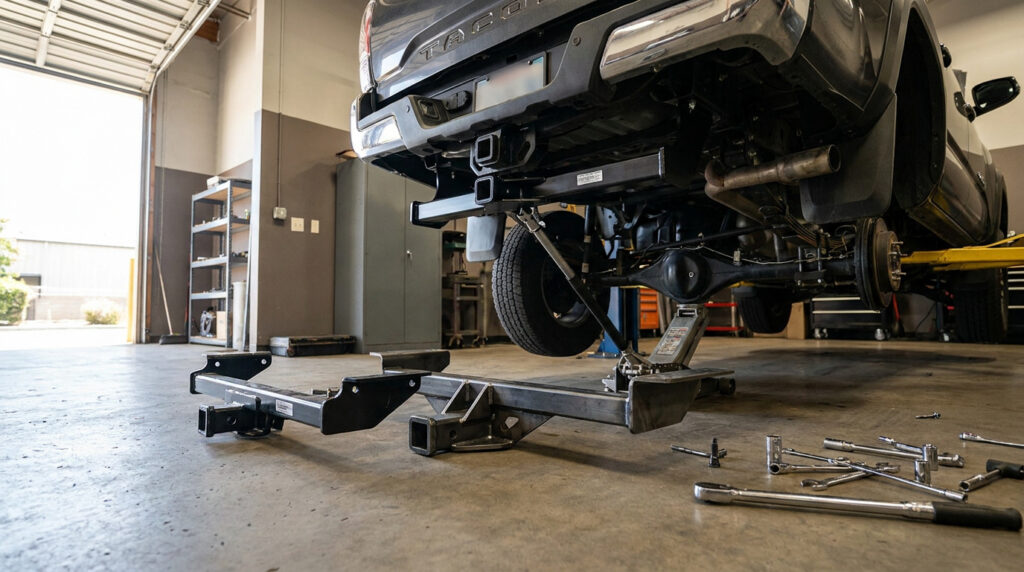 Factory-style and heavier aftermarket hitch assemblies near a Tacoma frame