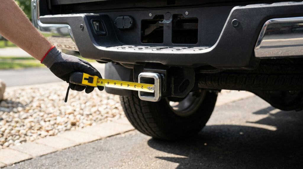 Tape measure checking the square hitch receiver opening on a Toyota Tacoma