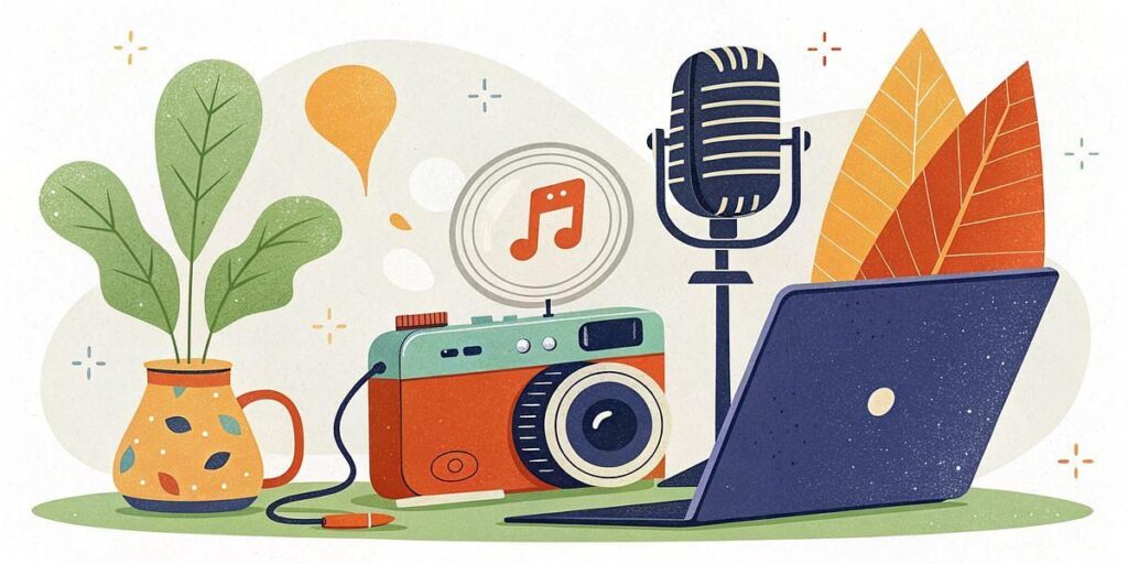 Illustration of a camera, microphone, laptop and other gadgets