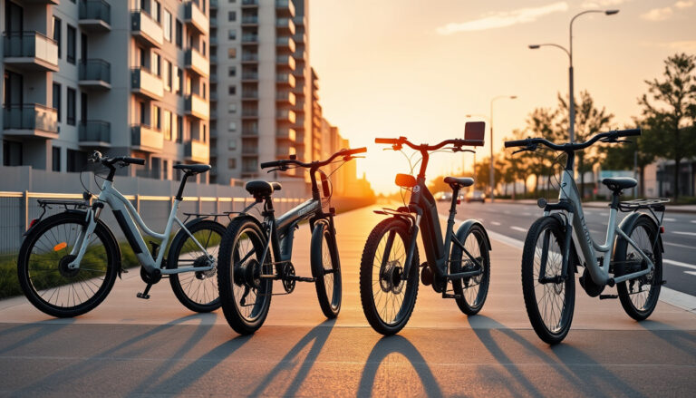 Four commuter electric bikes compared on an urban bike path at sunrise