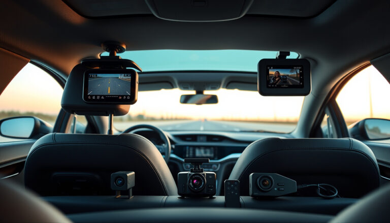Front and rear dash cams installed in a car with comparison units on the console