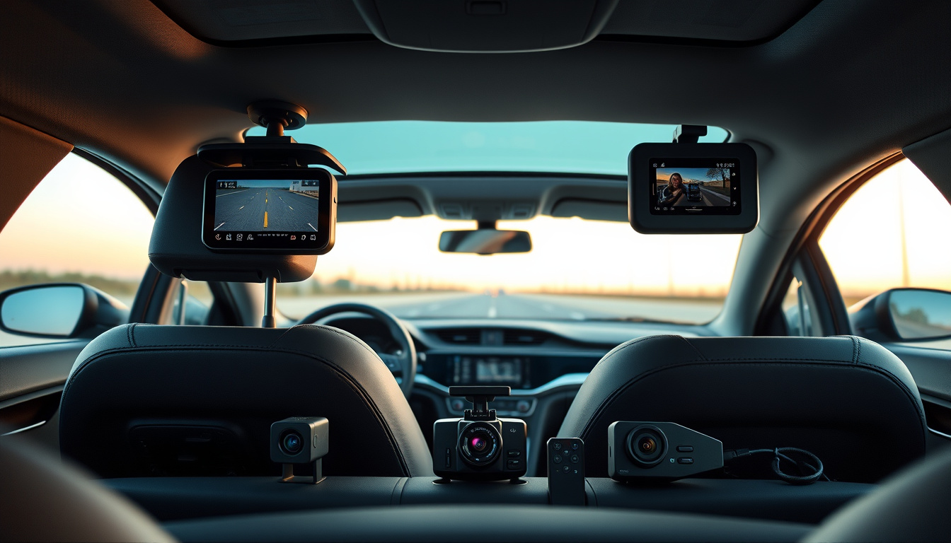 Front and rear dash cams installed in a car with comparison units on the console
