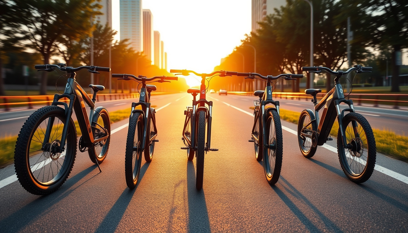 Five fast electric bikes lined up on an urban bike path at sunrise