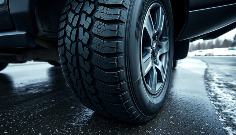 Close-up of an all-season SUV tire on wet highway pavement with light snow nearby