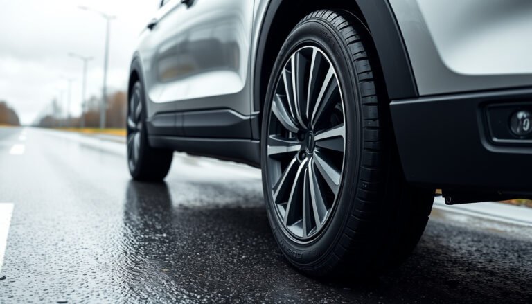 New all-season tire beside a crossover on a wet road, showing asymmetrical tread and quiet daily driving feel