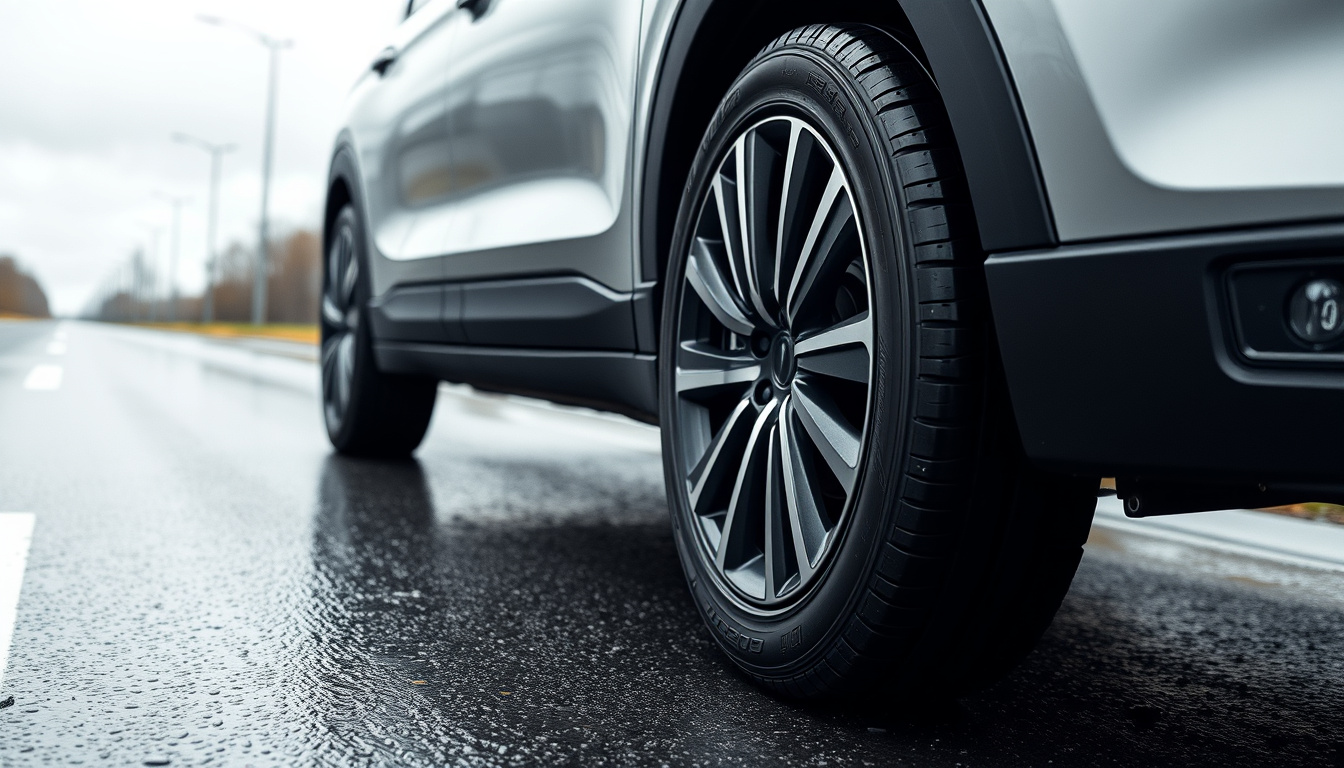 New all-season tire beside a crossover on a wet road, showing asymmetrical tread and quiet daily driving feel